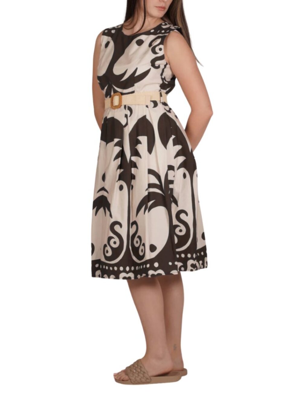 Espresso Boat Neck Belted Floral Dress